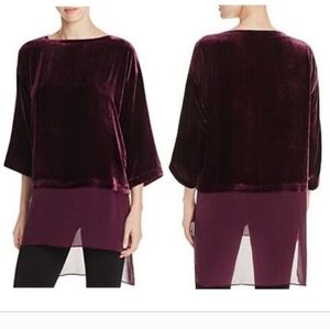 Eileen Fisher Deep Plum L Bateau Neck Velvet Top with Sheer Hem NWT Office Party